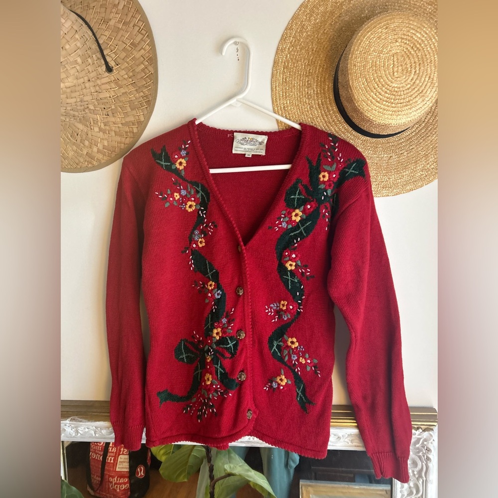 Vintage Forget Me Not Cardigan Sweater Red Sezane Doen Christy Dawn Style